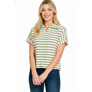 Zenana Striped Split Neck Collared Top